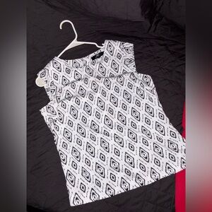 Abs Platinum White and Black Asymmetrical Blouse with Peter Pan Collar